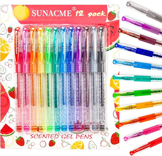 Fruity Scented Gel Ink Pens, 12 Assorted Colorful Gel Pens for Drawing, Writing, Coloring at School & Home