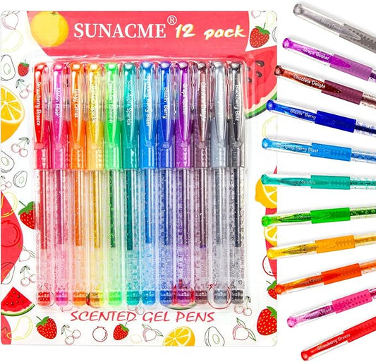 Fruity Scented Gel Ink Pens, 12 Assorted Colorful Gel Pens for Drawing, Writing, Coloring at School & Home