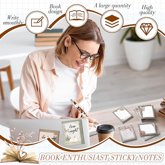 Sabary 9 Pads Sticky Notes 3.15 x 3.94 Inches Cute Self Sticky Note Pads Colored Adhesive Notepad for Memo Reminder Journal Studying Office Home Gift (Book Lover)