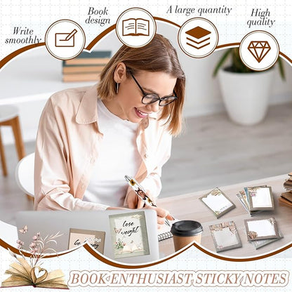 Sabary 9 Pads Sticky Notes 3.15 x 3.94 Inches Cute Self Sticky Note Pads Colored Adhesive Notepad for Memo Reminder Journal Studying Office Home Gift (Book Lover)