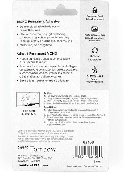 Tombow 62106 MONO Permanent Adhesive Applicator. Easy to Use Tape Runner for Strong, Instant Bond.