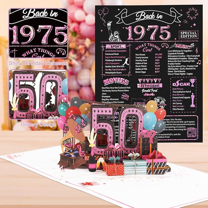50th Birthday Card for Women Her, Jumbo 3D Pop Up 50th Birthday Gifts, Back In 1975 Happy 50 Year Old Sister Birthday Decorations Cards Card for Wife, Rose Gold