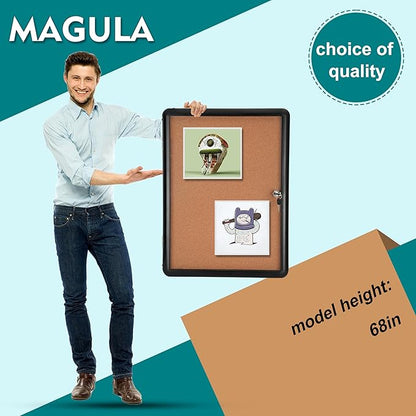 Magula 24"x18" Enclosed Cork Bulletin Board Tamper-Proof Dispaly Case, Black Aluminium Frame, Shatter Resistant Lockable Bulletin Board, Enclosed Cork Board for School, Office,Commercial,Hospital etc