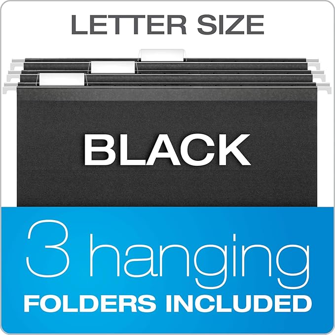 Pendaflex Portable File Box with File Rails, Simple Document Storage, File Bin for Home and Office, Hinged Lid with Double Latch Closure, Black, 3 Black Letter Size Hanging Folders Included (41742AMZ)