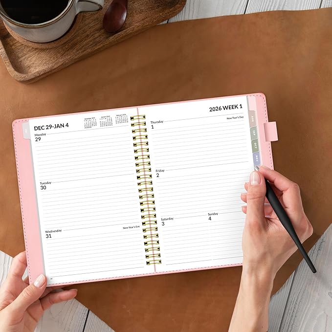 SUNEE 2026 Weekly & Monthly Planner 6.4"x8.5"- 12 Month (January 2026 - December 2026), Vegan Leather Cover, Pocket, Bookmark, Notes, Monthly Tab, Peach Pink