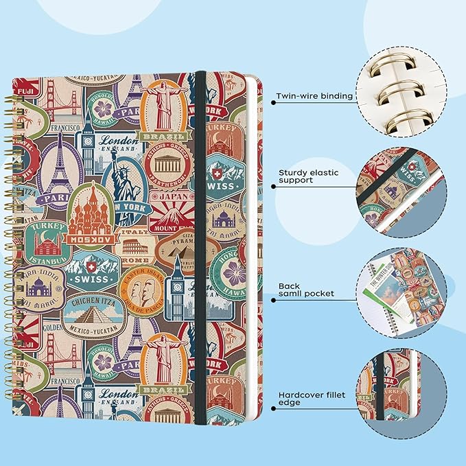 Spiral Notebook - A5 Spiral Notebooks, 8.3'' × 5.8'', 160 Pages, Aesthetic Journaling Notebooks for Women, College Lined Notebook with Elastic Closure, Back Pocket, for School Office, stampB