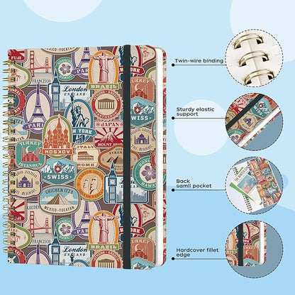 Spiral Notebook - A5 Spiral Notebooks, 8.3'' × 5.8'', 160 Pages, Aesthetic Journaling Notebooks for Women, College Lined Notebook with Elastic Closure, Back Pocket, for School Office, stampB