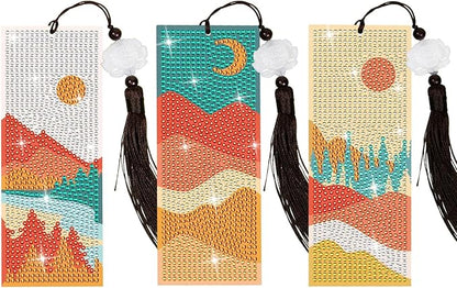 Anseal 3 Pcs 5D Diamond Bookmarks Painting for Book Lovers, PU Leather Fall Diamond Art DIY Bookmark for Women Girls, Tassel Beaded Book Mark for Graduation Birthday Reading Present