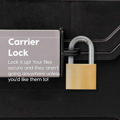 IRIS USA File Box with Lid File Organizer for Letter File w/ Organizer-Lid, Water Resistant Document Box, Plastic Mobile Filing Organizer, Secure Buckle, Portable Handle, Lockable, Black 4 Pack