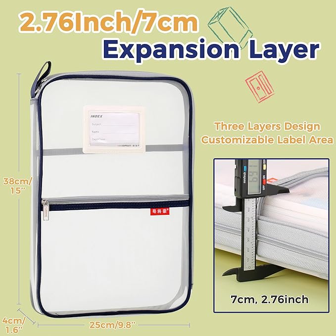 Pendancy Mesh Zipper Pouch 14.8x10.8 in Transparent Lightweight Nylon File Folders, A4 Size Multi-Layer Subject Document Organizer Accessories Storage Bag for Office and School Supplies(Dark Blue)