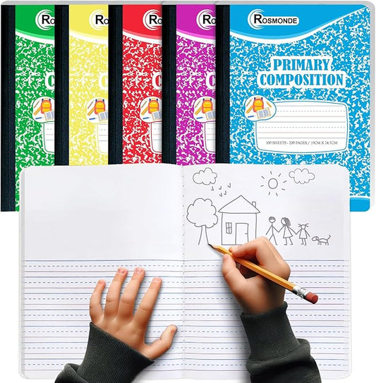 5 Pack Primary Composition Notebook, 200 Pages (100 Sheets), Drawing Story Journal Writing Notebook, 9-3/4 x 7-1/2, Primary Composition Notebook for Kids, Grades K-2, With Header For Drawing