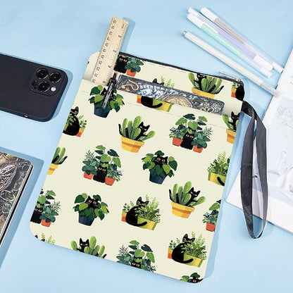 CRASPIRE Plant Book Sleeve Black Cat Book Protector Greenery Book Covers for Paperbacks Washable Fabric Cloth Book Cover with Zipper and Extra Sleeve Pocket for Book Lovers Classmate Gifts