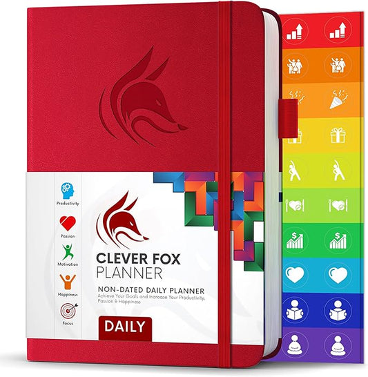 Clever Fox Daily Planner – Undated Planning Notebook with Hourly Schedule & to-Do List – Personal Day Task & Work Organizer, 6 Months (Red)