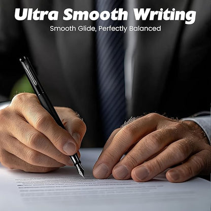 Fountain Pen with Extra Fine Nib - Modern Black Metal Design with Intricate Knurled Grip, Smooth and Skip-Free Writing, Includes Ink Cartridges, Converter, and Protective Sleeve