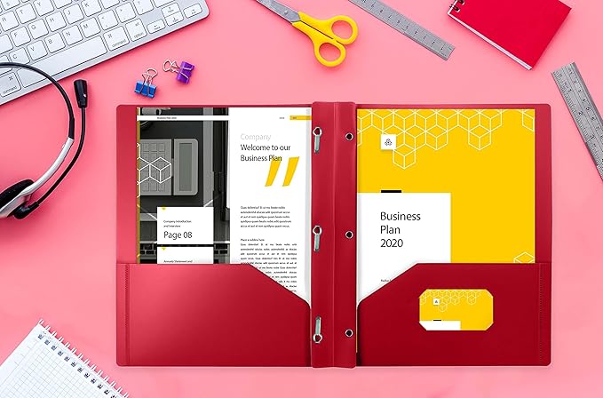 Better Office Products Red Plastic 2 Pocket Folders with Prongs, Heavyweight, Letter Size Poly Folders, 24 Pack, with 3 Metal Prongs Fastener Clips, Red