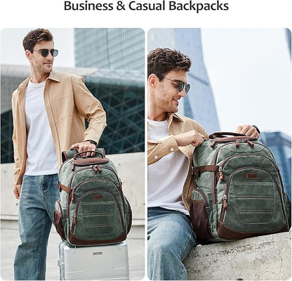 Travel Laptop Backpack 17.3 inch XL Computer Backpack for Men Waxed Canvas College Daypack Business Backpack Army Green