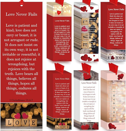 60 Pcs Love Never Fails Bookmark Valentine's Day Bookmarks Red Heart Valentines Day Exchange Gifts for Valentine's Party Favors