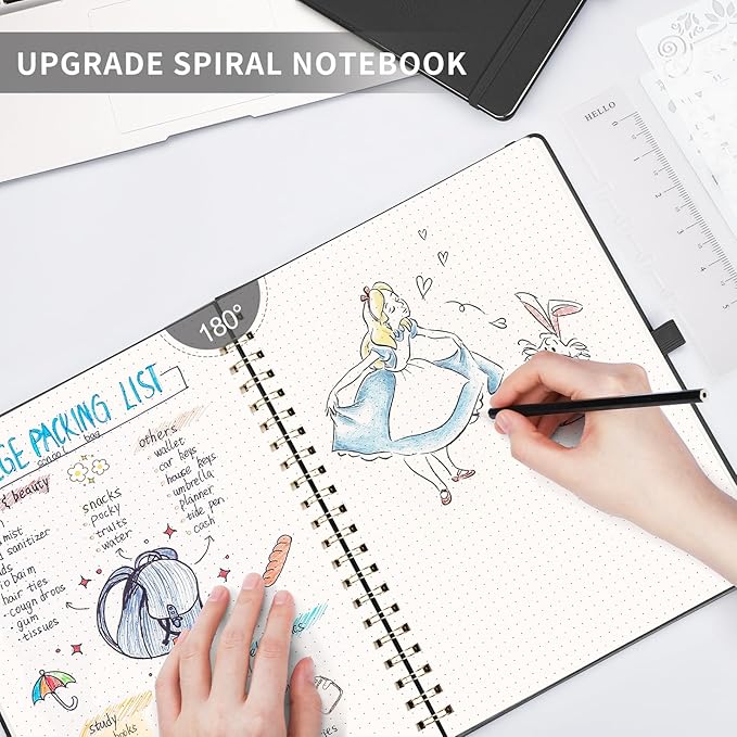 AHGXG Bullet Dotted Journal Spiral Notebook 8.5" x 11", Large A4 Leather Hardcover Dotted Notebook, 100 GSM Thick Dot Grid Paper, Inner Pocket, for Bullet Journaling, Black