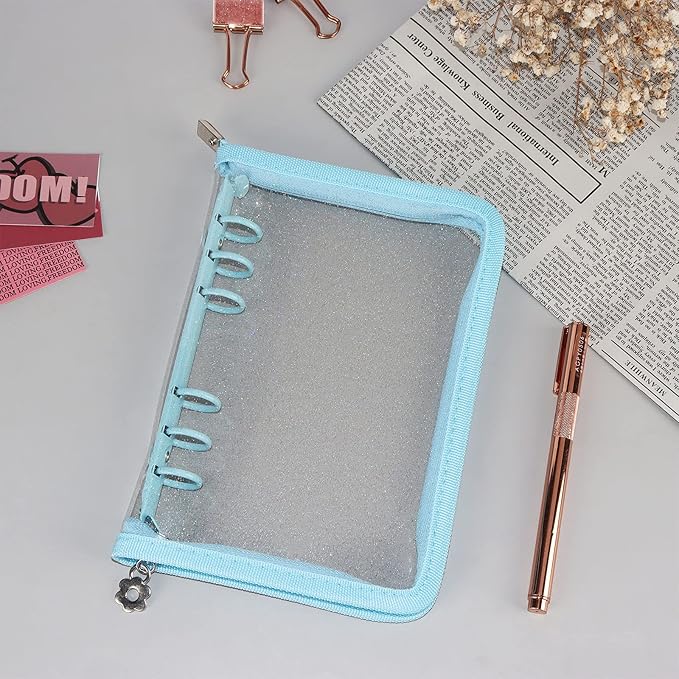 Multibey A5 Binder Cover Clear Soft PVC 6-Ring Binder Budget Evelopes System with Zipper Planner Organizer Refillable Notebook Journal Binder (Blue, A6)