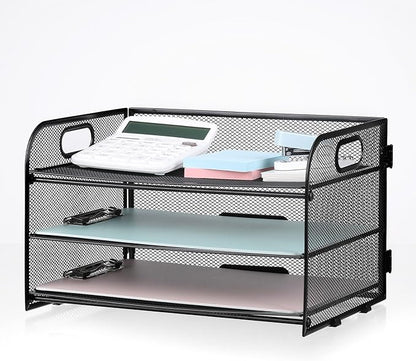 3-Tier Letter Tray Paper Organizer with Handle, Compact Mesh Desk File Organizer for Home Office Supplies Desktop Accessories,Black