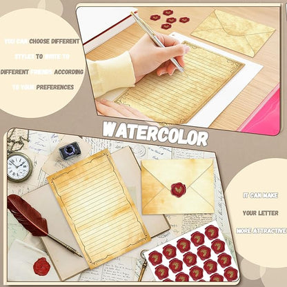 TaoBary 160 Packs Stationery Paper Set (50 Double Sided Stationery Writing Papers 50 Matching Envelopes) 60 Round Dot Sticker, 10 Design(Light Vintage,8.5 x 11 Inch)