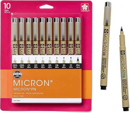 SAKURA Pigma Micron Fineliner Pens - Archival Black Ink Pens - Pens for Writing, Drawing, or Journaling - Assorted Point Sizes - 10 Pack