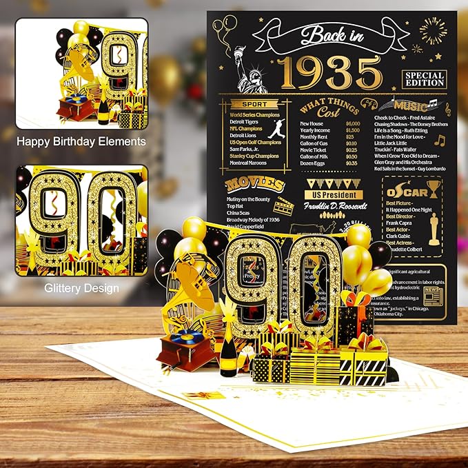 90th Birthday Card for Men Women, Funny 3D Pop Up 90th Birthday Gifts for Grandma Mom Dad, Back In 1935 Happy 90 Year Old Birthday Decorations Cards for Her Him