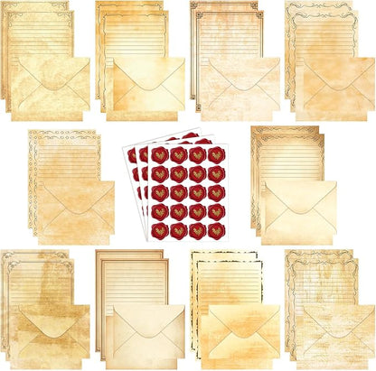 TaoBary 160 Packs Stationery Paper Set (50 Double Sided Stationery Writing Papers 50 Matching Envelopes) 60 Round Dot Sticker, 10 Design(Light Vintage,8.5 x 11 Inch)