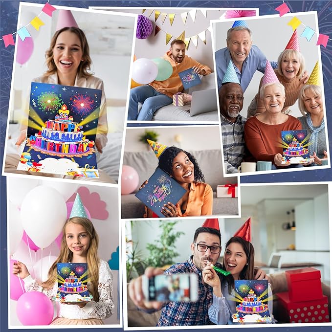 Birthday Cards, Pop Up Firework Birthday Cards, Musical and LED Lights Happy Birthday Card with Blowable Birthday Cake, Happy Birthday Gift Card for Mom Women Men Dad Kids Husband Wife