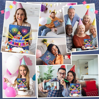 Birthday Cards, Pop Up Firework Birthday Cards, Musical and LED Lights Happy Birthday Card with Blowable Birthday Cake, Happy Birthday Gift Card for Mom Women Men Dad Kids Husband Wife