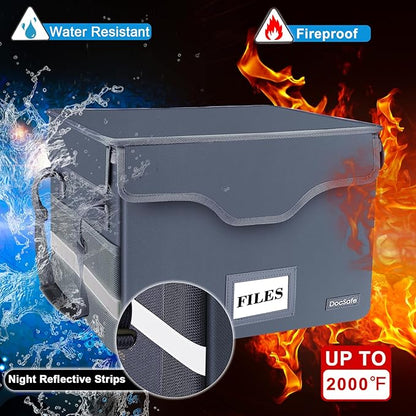 DocSafe File Box Fireproof Document Box with Lock, File Storage Organizer Box with Pockets,Collapsible Portable File Box Home Office File Cabinet with Handle for Hanging Letter/Legal Folder,Gray