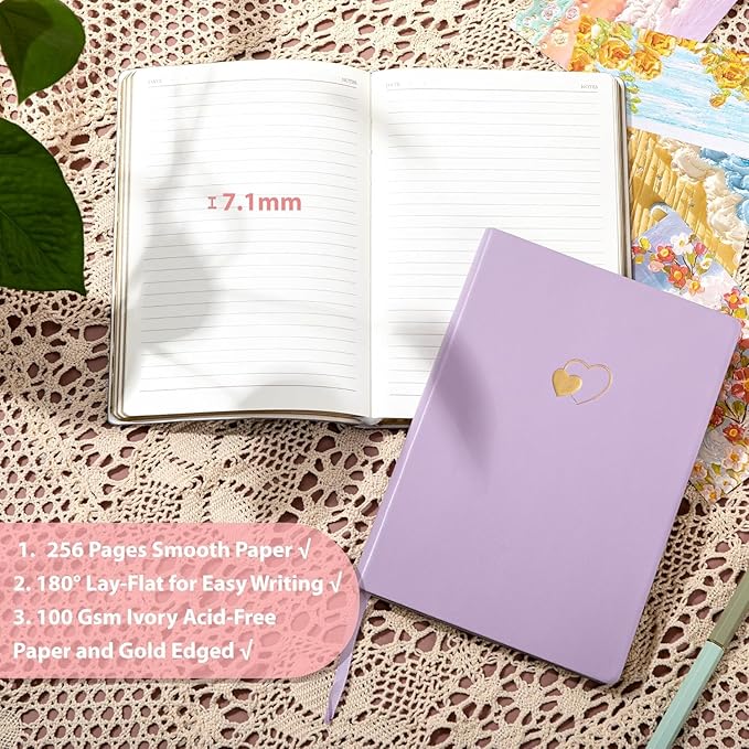 CAGIE Lined Journal Notebook for Women and Girls 256 Pages Cute Diary with Heart-Shaped Leather Journals for Writing A5 Soft Cover Notebooks for Work School (A Purple and Pink, A5)