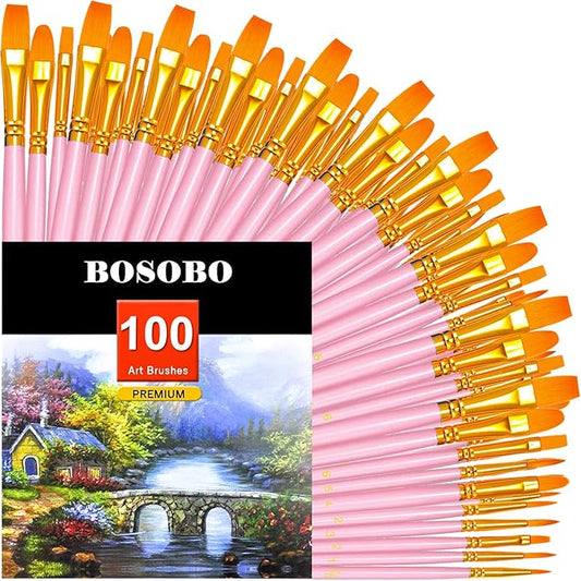 BOSOBO Paint Brushes Set, 10 Pack 100 Pcs Round Pointed Tip Paintbrushes Nylon Hair Artist Acrylic Paint Brushes for Acrylic Oil Watercolor, Face Nail Art, Miniature Detailing & Rock Painting, Pink