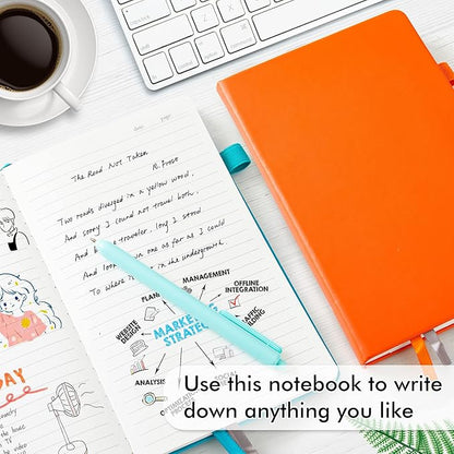 feela Hardcover Notebook For Work, Classic Ruled Lined Journal Set School Business Supplies, with 3 Black Pens, 120 GSM, 5.1”x8.3”, 3 Pack, A5, Solid Colors, Yellow, Orange, Emerald