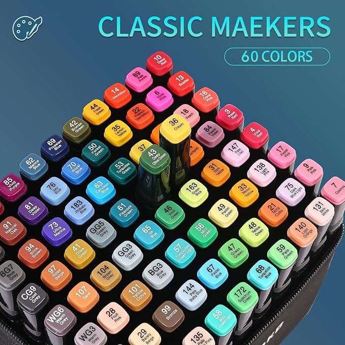 Alcohol Markers Set, 60 colors Alcohol Based Dual Tip, Broad and Brush Tip for Adult Coloring Books, Drawing, Sketching (60)