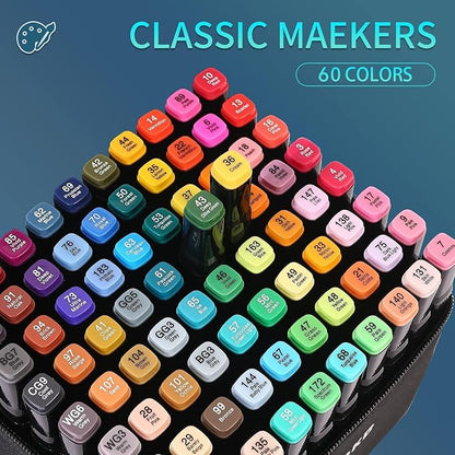 Alcohol Markers Set, 60 colors Alcohol Based Dual Tip, Broad and Brush Tip for Adult Coloring Books, Drawing, Sketching (60)