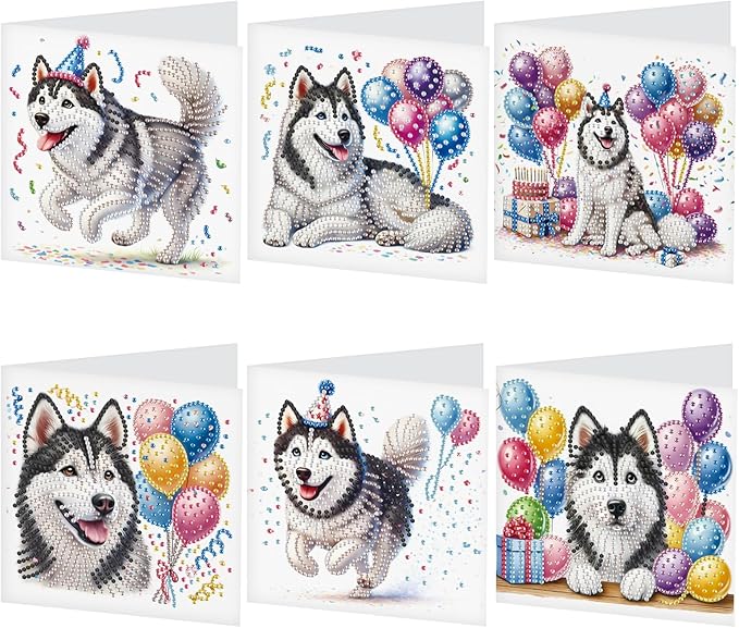 Tontut 6pcs Diamond Art Painting Kit Greeting Card, Balloon Puppy 5D DIY Diamond Handmade Holiday Glitter Greeting Card with Envelope, Holiday Gift Congratulation