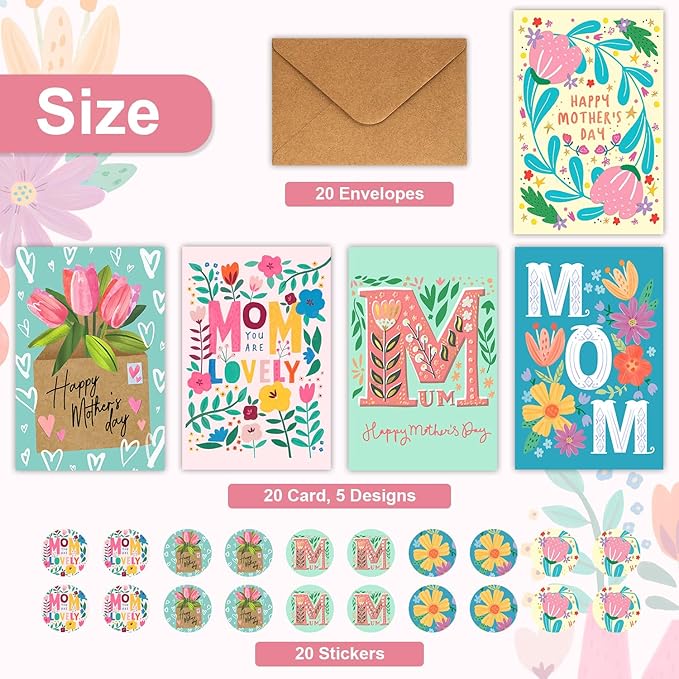 Quera 20 Pcs Happy Mother's Day Greeting Cards Modern Floral Blank Note Cards With Kraft Envelopes Mother'S Day Present Gift Box Assorted Cards For Holiday Party Celebration Flowers Cards-4X6