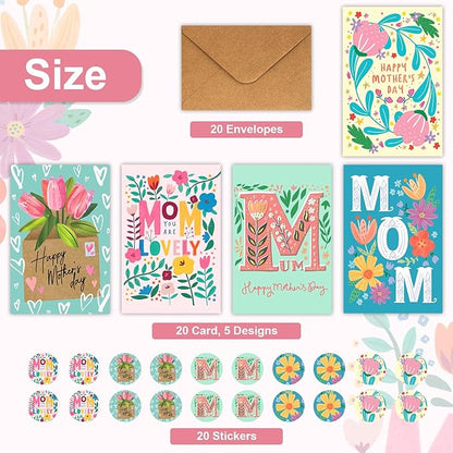 Quera 20 Pcs Happy Mother's Day Greeting Cards Modern Floral Blank Note Cards With Kraft Envelopes Mother'S Day Present Gift Box Assorted Cards For Holiday Party Celebration Flowers Cards-4X6