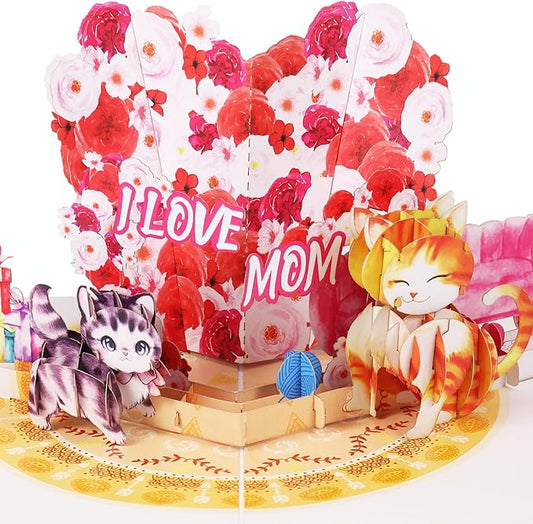 I Love You Mom Pop Up Valentines Day Card, Happy Birthday Pop Up Card For Mom, 3D Cat Mom & Floral Heart Shaped, Mother’s Day Love Card, Ideal Gift for Mom, Mother, Godmother, Stepmom, Mother In Law