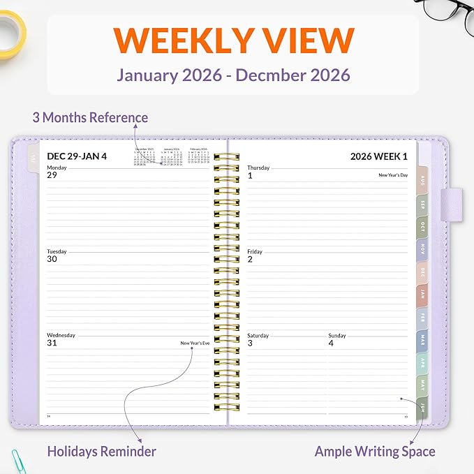 SUNEE 2026 Weekly & Monthly Planner 6.4"x8.5"- 12 Month (January 2026 - December 2026), Vegan Leather Cover, Pocket, Bookmark, Notes, Monthly Tab, Purple