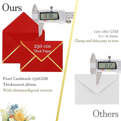 60 Pack Gold Envelopes 5x7 Bluk Red, 250G Pearled Cardstock A7 Envelopes for Invitations Business Mailing Envelope with Gold Foil Border, A6 4x6 Envelopes for Wedding Baby Shower Cards