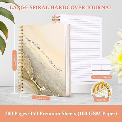 Journals For Writing - 10.25" X 7.25" 300 Pages, Hardcover Spiral Notebook College Ruled, Spiral Journal For Women, Large Journal, Women's Journal (Create Sunshine) Marble