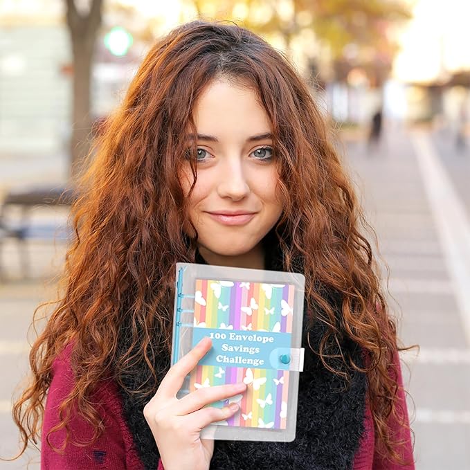 HAUTOCO 100 Envelopes Money Saving Challenge A5 Binder, Savings Challenges Book to Save $5,050, $500, $10,000, Budget Binder with Cash Envelopes, PVC Money Saving Binder with Challenge Trackers, Blue