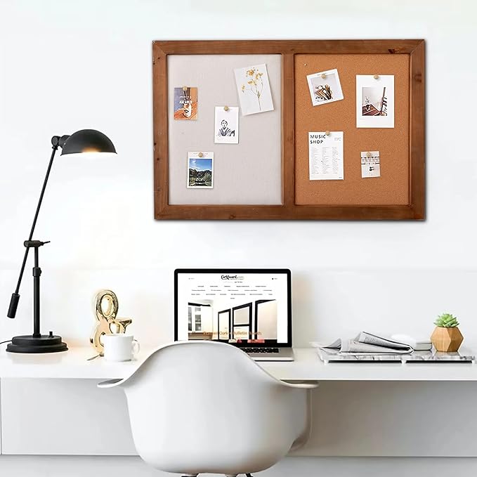 SOFE Large Cork Board Linen Pin Board Combo, Wood Framed Bulletin Board 36" X 24" Picture Board, Photo Wall Display, Vision Board Rustic Memo Board for Home Kitchen Office School