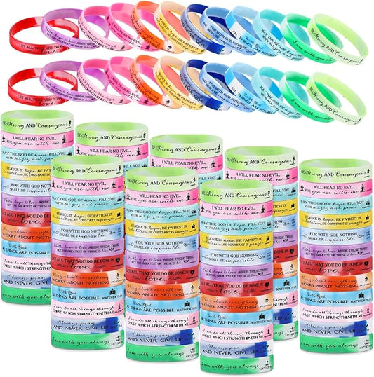 Unittype 240 Pcs Christian Silicone Bracelets Bulk Scripture Gifts Bible Verse Rubber Wristbands Religious Church Gifts for Women Men Party Favors Birthday Easter Baptism Gifts(Rainbow Color)