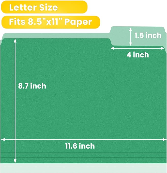 SUNEE File Folders Letter Size Green, 100 Pack Manilla Folders 8.5 x 11 1/3-Cut Tabs, Colored File Folders Office Home School for Documents Files Paper