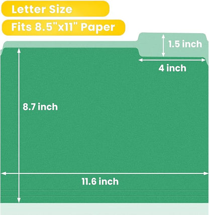 SUNEE File Folders Letter Size Green, 100 Pack Manilla Folders 8.5 x 11 1/3-Cut Tabs, Colored File Folders Office Home School for Documents Files Paper