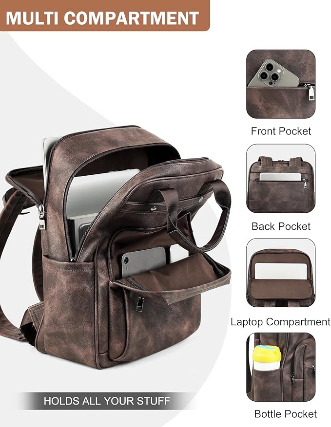MASINTOR Leather Laptop Backpack for Women, Stylish Computer Backpack College Business Work Shoulder Bags Work and Travel Retro Coffee