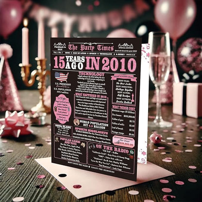 Sweet 15th Birthday Card for Girls, Daughter, 15th Birthday Decorations for Girls, Gifts for 15 Year Old Girl, Back in 2010, Big Size, Rose Pink Gold